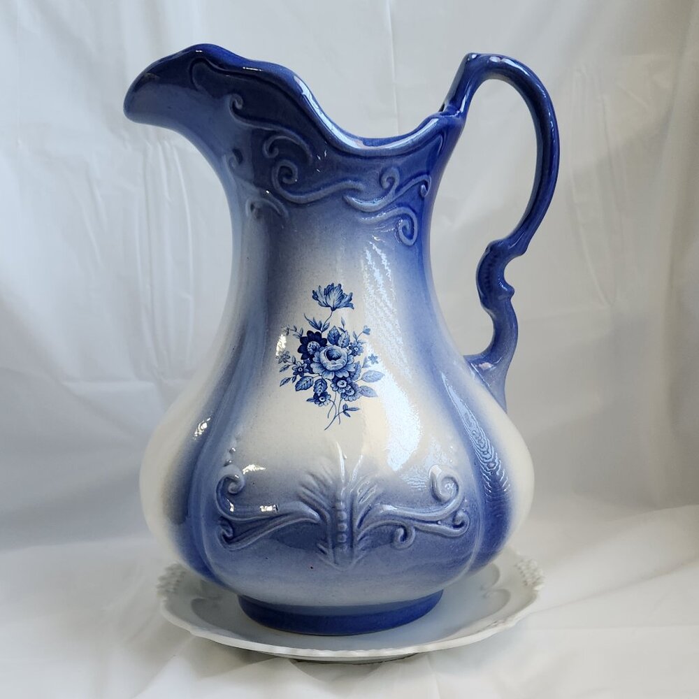 Vintage 11" Victorian Cobalt Ironstone Floral Pitcher Jug Vase USA* FREE SHIP